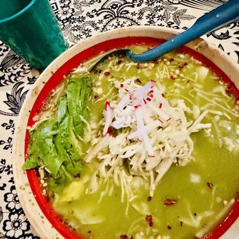 La Diabla Pozole y Mezcal signature dishes Pozole Verde, Pozole Rojo, Pozole Blanco, Tacos Arabes
